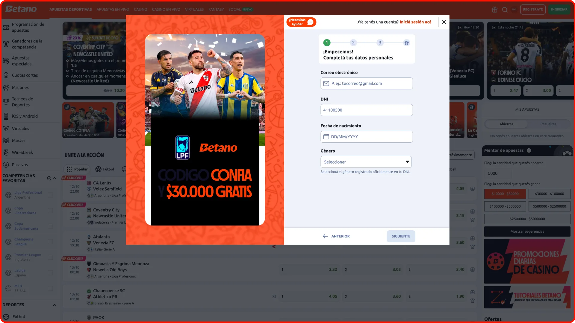 Registrate en Betano, completá tus datos y empezá a jugar.