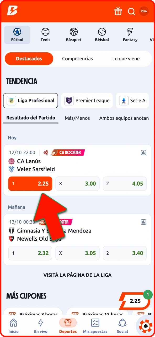 Elegí tu mercado en Betano, tocá la cuota y sumala al cupón.